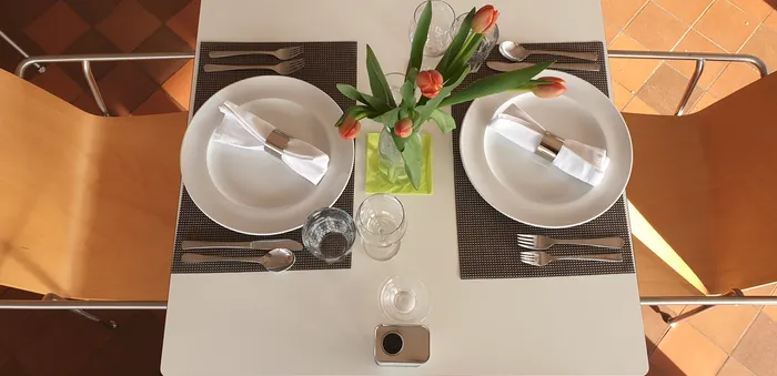 Gedeckter Tisch mit Tulpen